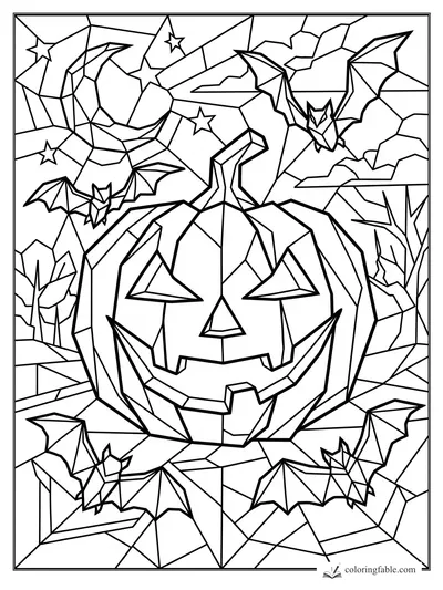 Intricate cubist jack-o’-lantern with angular bats, stars, clouds, and bare trees