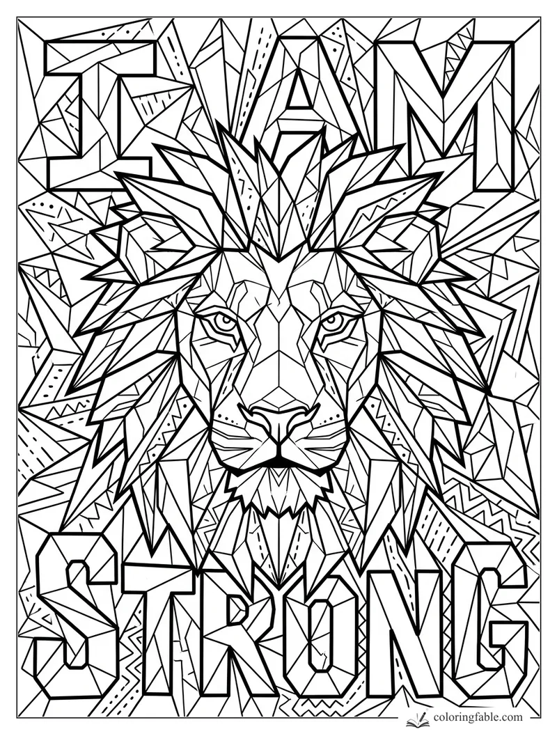 Intricate cubist lion head with angular mane and bold STAY STRONG affirmation letters