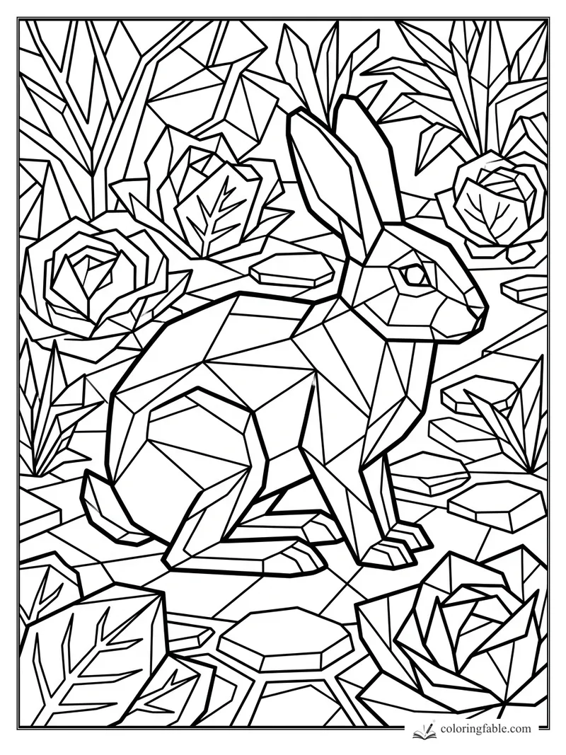 Intricate cubist rabbit coloring page with angular roses, leaves, and stepping stones