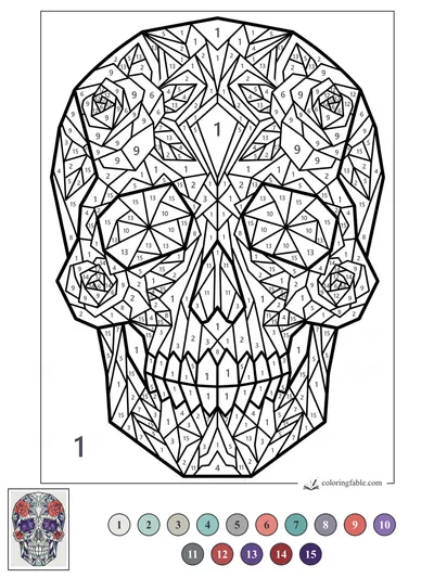 Cubist Sugar Skull with Four Roses — color by number