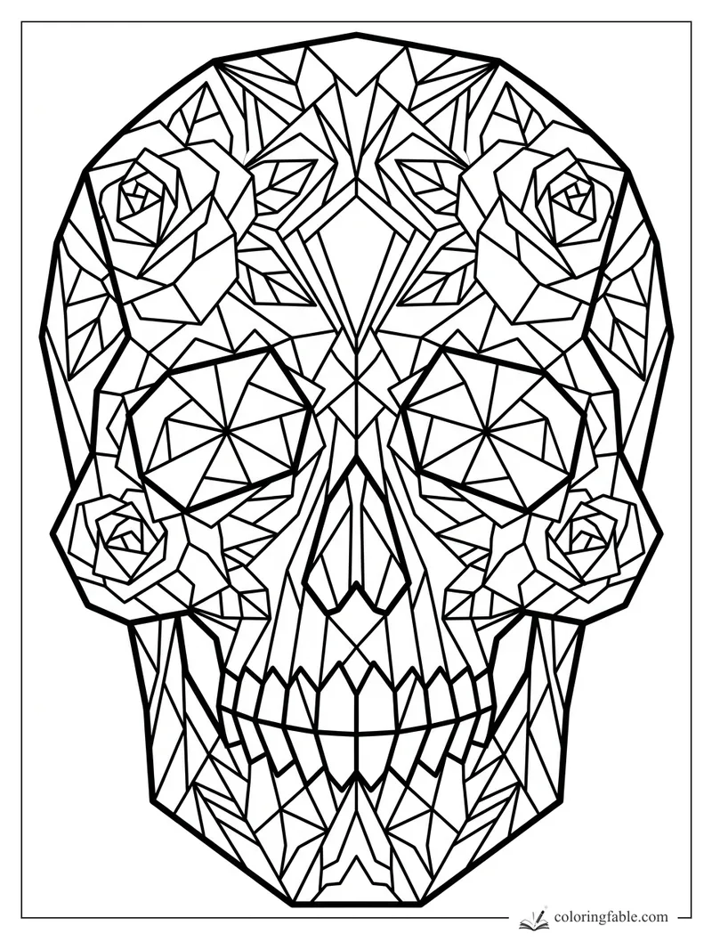 Intricate cubist sugar skull with faceted eyes, angular teeth, and four rose designs for coloring.