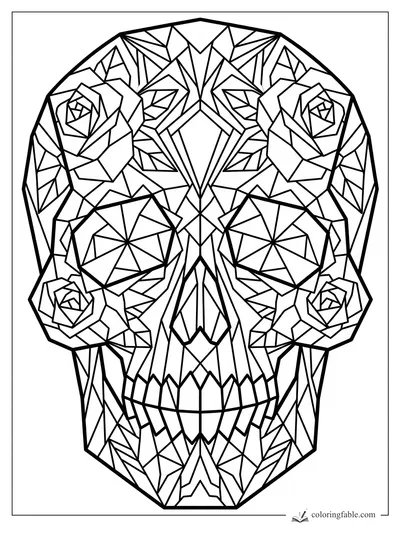 Intricate cubist sugar skull with faceted eyes, angular teeth, and four rose designs for coloring.