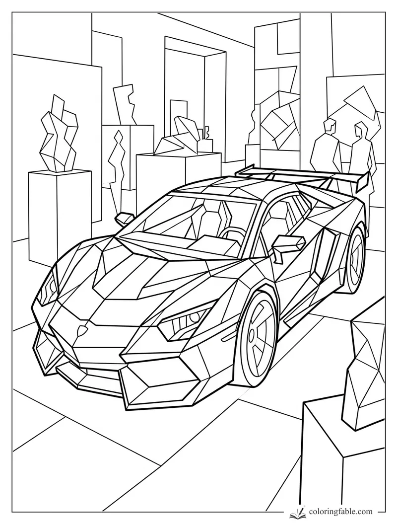 Cubist supercar parked among angular sculptures and tall gallery walls