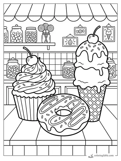 Cartoon cupcake, donut, and ice cream cone with cherries in a candy shop coloring page