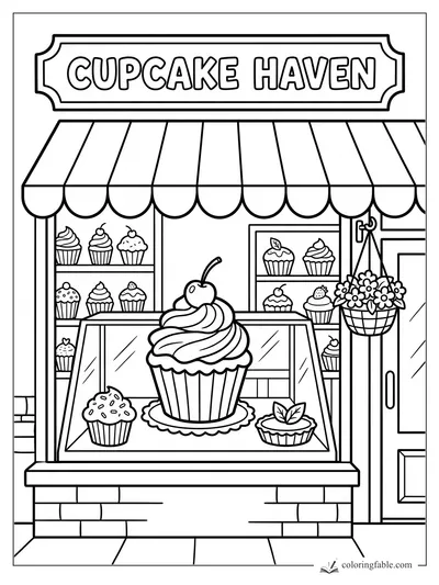 Cartoon Cupcake Haven storefront with striped awning, display cupcakes, hanging flowers, and door