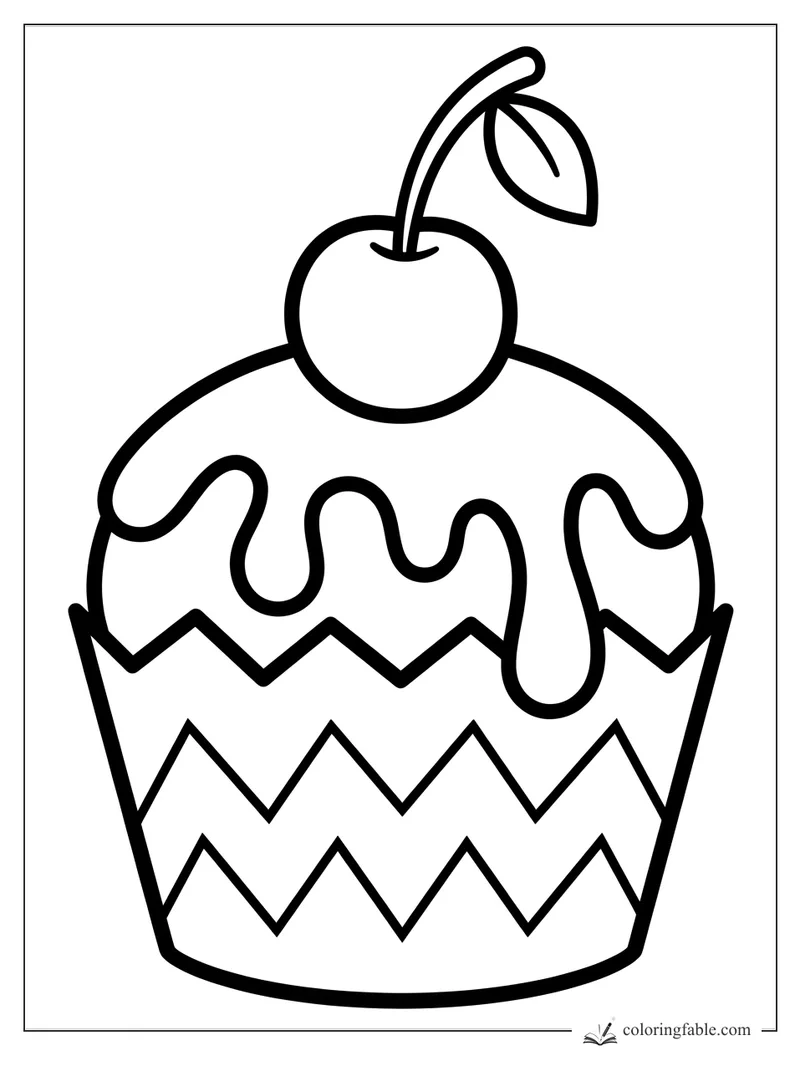 Bold cupcake coloring page with drippy frosting, zigzag wrapper, and a cherry with leaf on top.