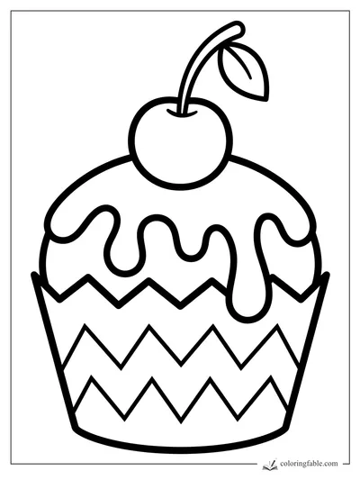 Bold cupcake coloring page with drippy frosting, zigzag wrapper, and a cherry with leaf on top.
