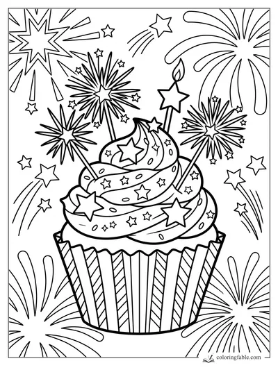 Cartoon cupcake with swirled frosting, star sprinkles, sparklers, and fireworks to color.