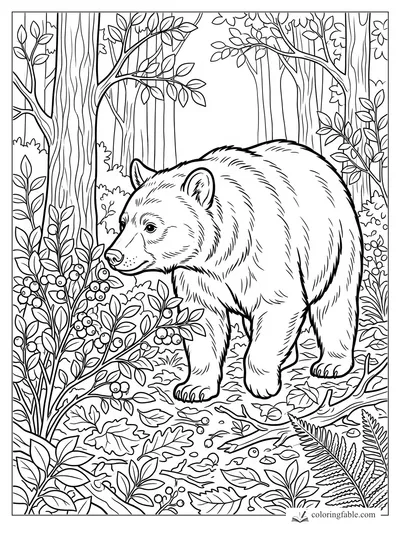 Bear sniffing berry bushes in a leafy forest coloring page with tall tree trunks and ferns