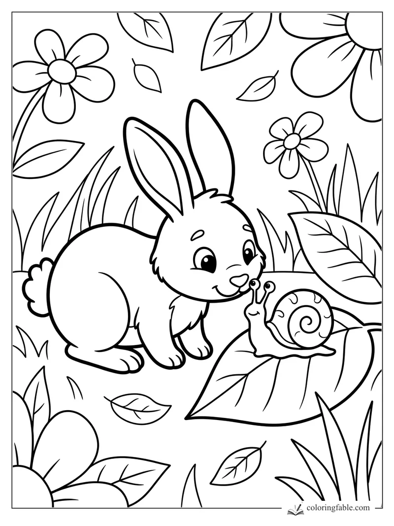 Cartoon bunny nose-to-nose with a smiling snail on a leaf among flowers and tall grass.