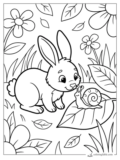 Cartoon bunny nose-to-nose with a smiling snail on a leaf among flowers and tall grass.
