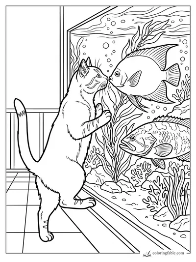 Cat standing on hind legs nose-to-nose with a round fish in a bubbling aquarium