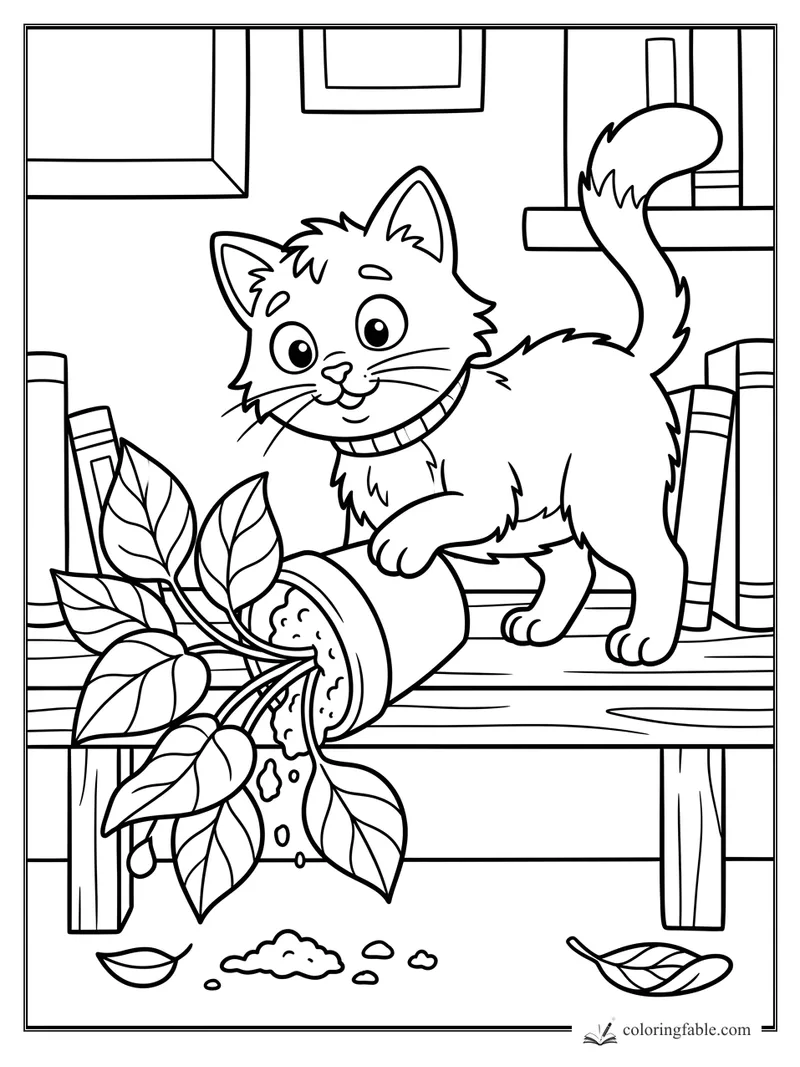 Cartoon cat tipping a potted plant off a bookshelf, with books, leaves, spilled soil, and fallen leaves.