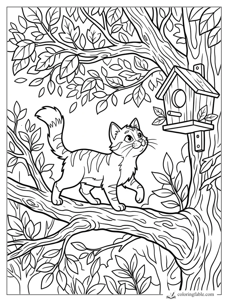 Cartoon tabby cat walking on a tree branch toward a hanging birdhouse among leafy branches
