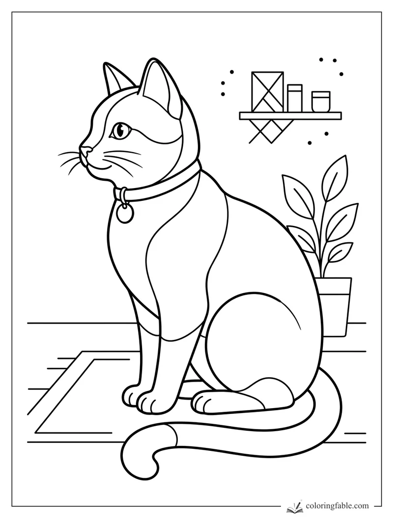 Easy coloring page of a seated cat with collar tag, potted plant, rug, and small shelf of boxes.