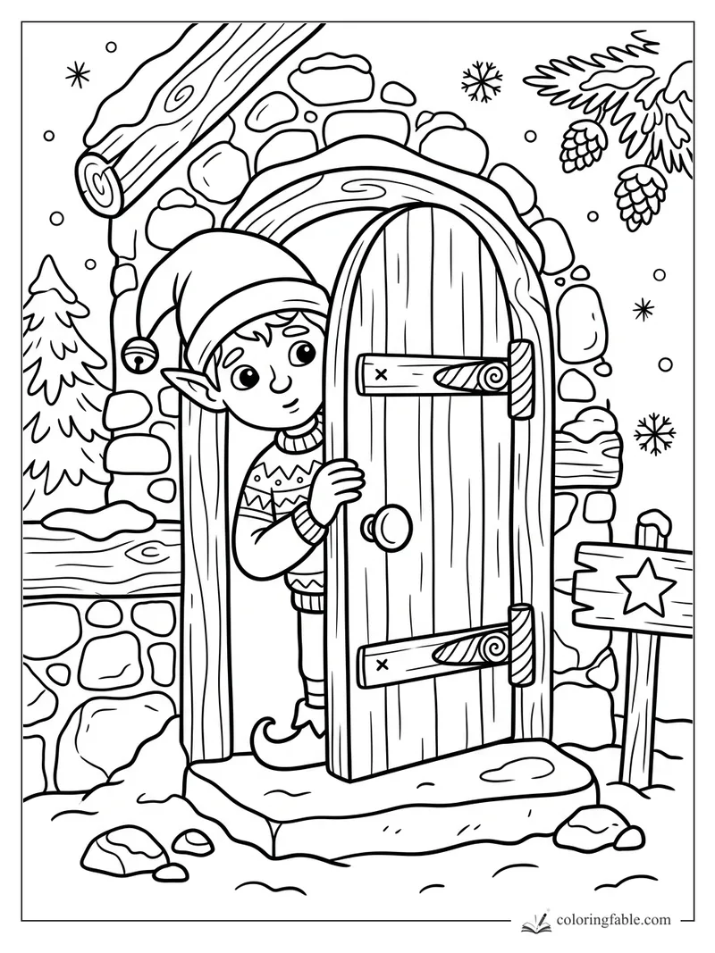 Doodle elf peeking from a round wooden door in a snowy stone cottage with pinecones and a star sign