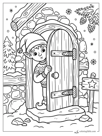 Doodle elf peeking from a round wooden door in a snowy stone cottage with pinecones and a star sign