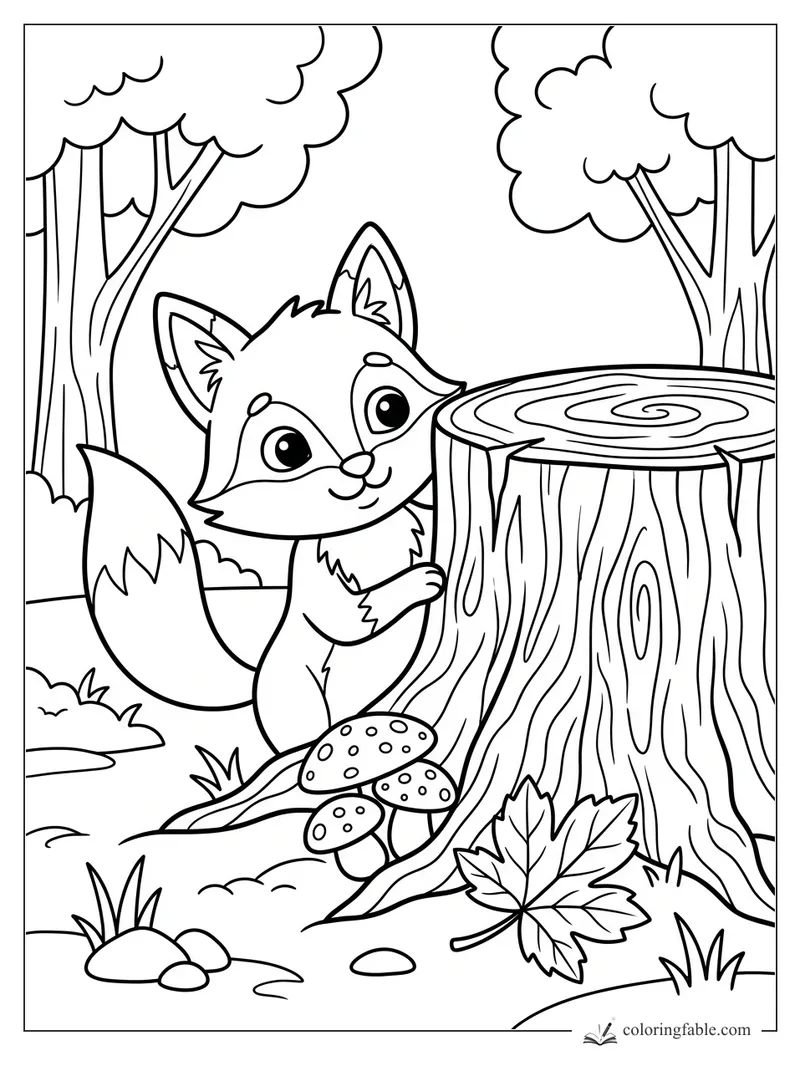 Cute cartoon fox peeks around a tree stump with mushrooms, leaves, rocks, and forest trees.