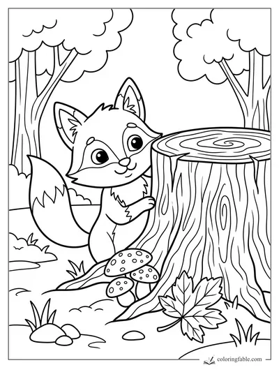 Cute cartoon fox peeks around a tree stump with mushrooms, leaves, rocks, and forest trees.