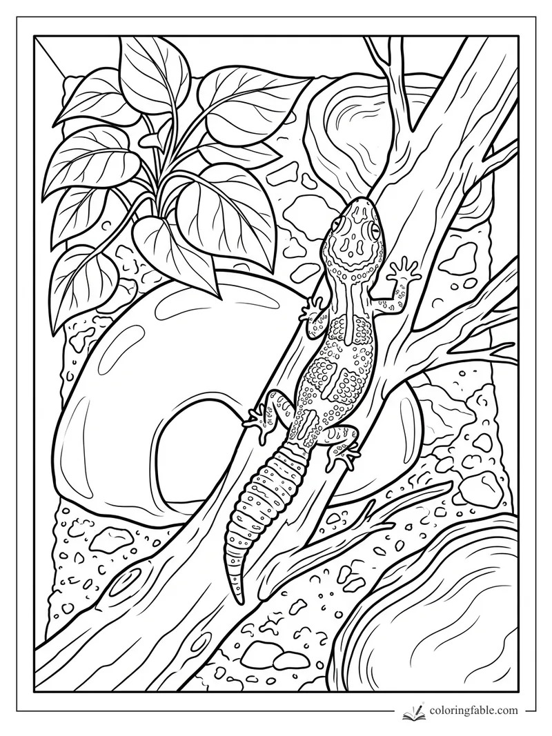 Pet gecko climbing a branch in a terrarium with broad leaves, rocks, and a round hideout.