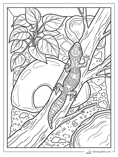 Pet gecko climbing a branch in a terrarium with broad leaves, rocks, and a round hideout.