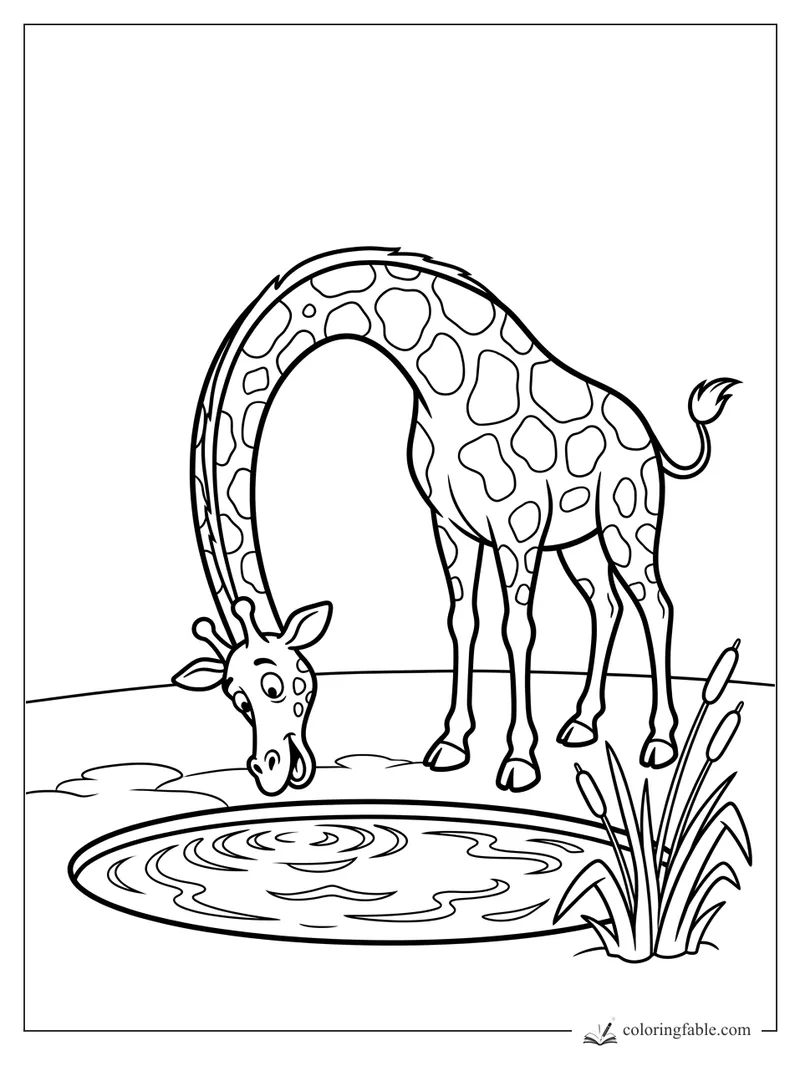 Vintage-style giraffe bending to a pond with ripples, reeds, spots, and a tufted tail