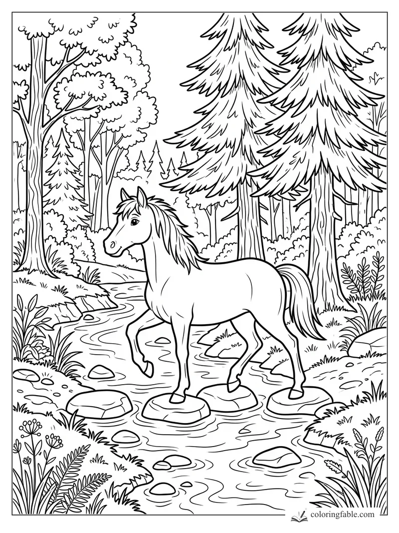 Cartoon horse stepping across stones in a forest stream beneath tall pine trees
