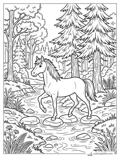 Cartoon horse stepping across stones in a forest stream beneath tall pine trees