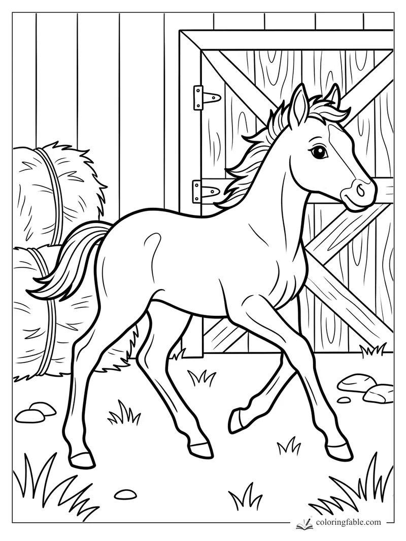 Curious horse trotting by hay bales and a wooden barn door with hinges, grass tufts, and small stones.