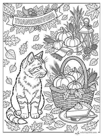 Kitten watching a Thanksgiving basket with pumpkins, corn, pie, lantern, leaves, and banner.