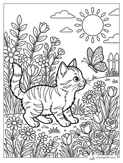Kitten walking through tall garden flowers, watching a butterfly near a sunny sky and picket fence.
