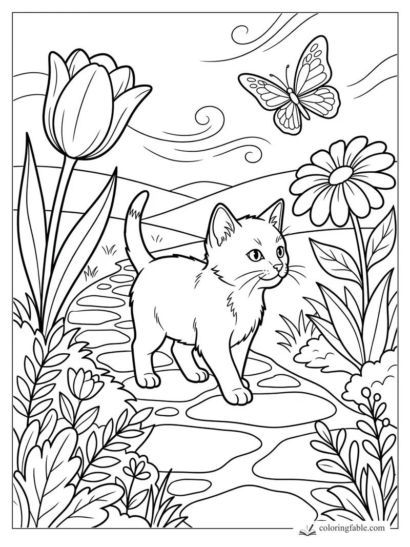 Curious kitten walking on a garden stone path with tulip, daisy, butterfly, hills, and swirling breeze lines