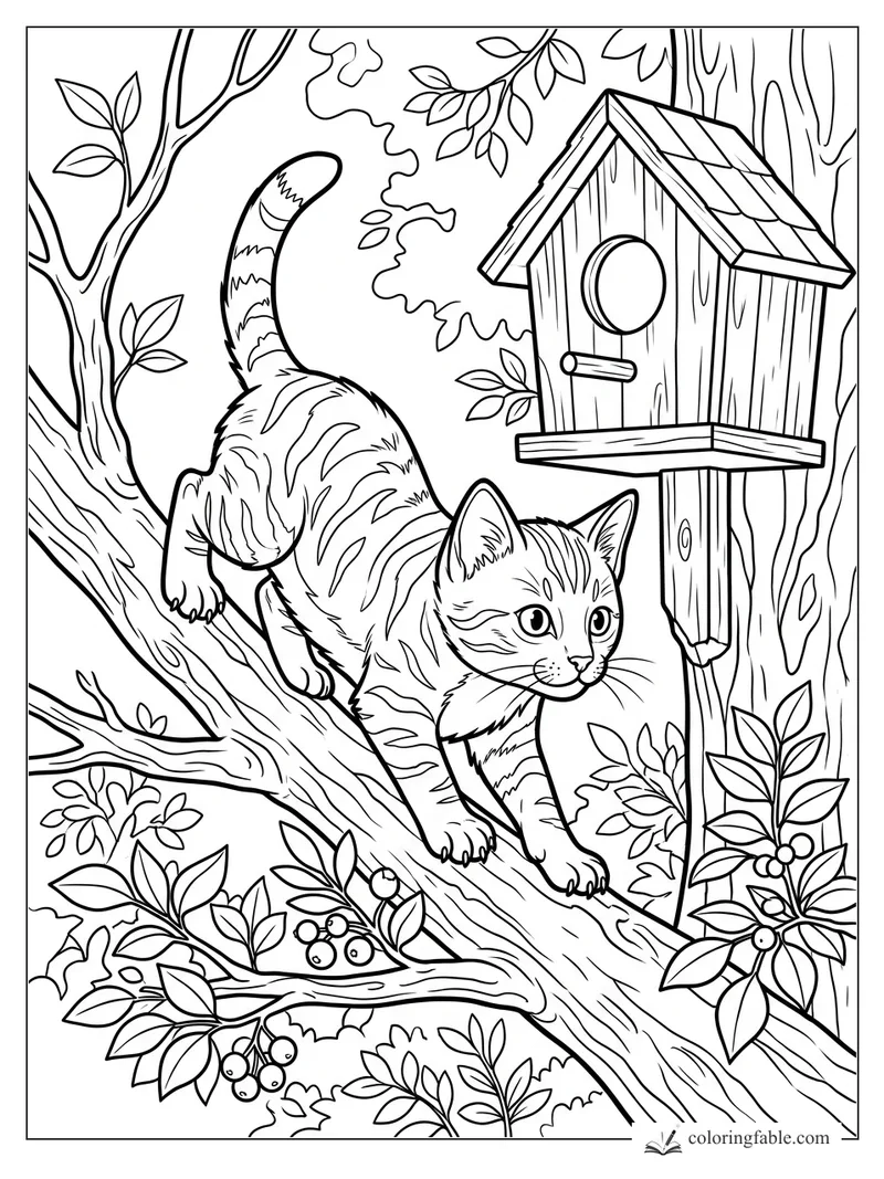 Kitten climbing a tree branch beside a wooden birdhouse, leafy twigs, berries, and tree trunks.