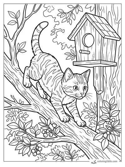 Kitten climbing a tree branch beside a wooden birdhouse, leafy twigs, berries, and tree trunks.