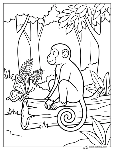 Smiling monkey sitting on a fallen log beside a large butterfly in the jungle