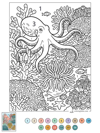 Curious Octopus in a Busy Coral Reef — color by number