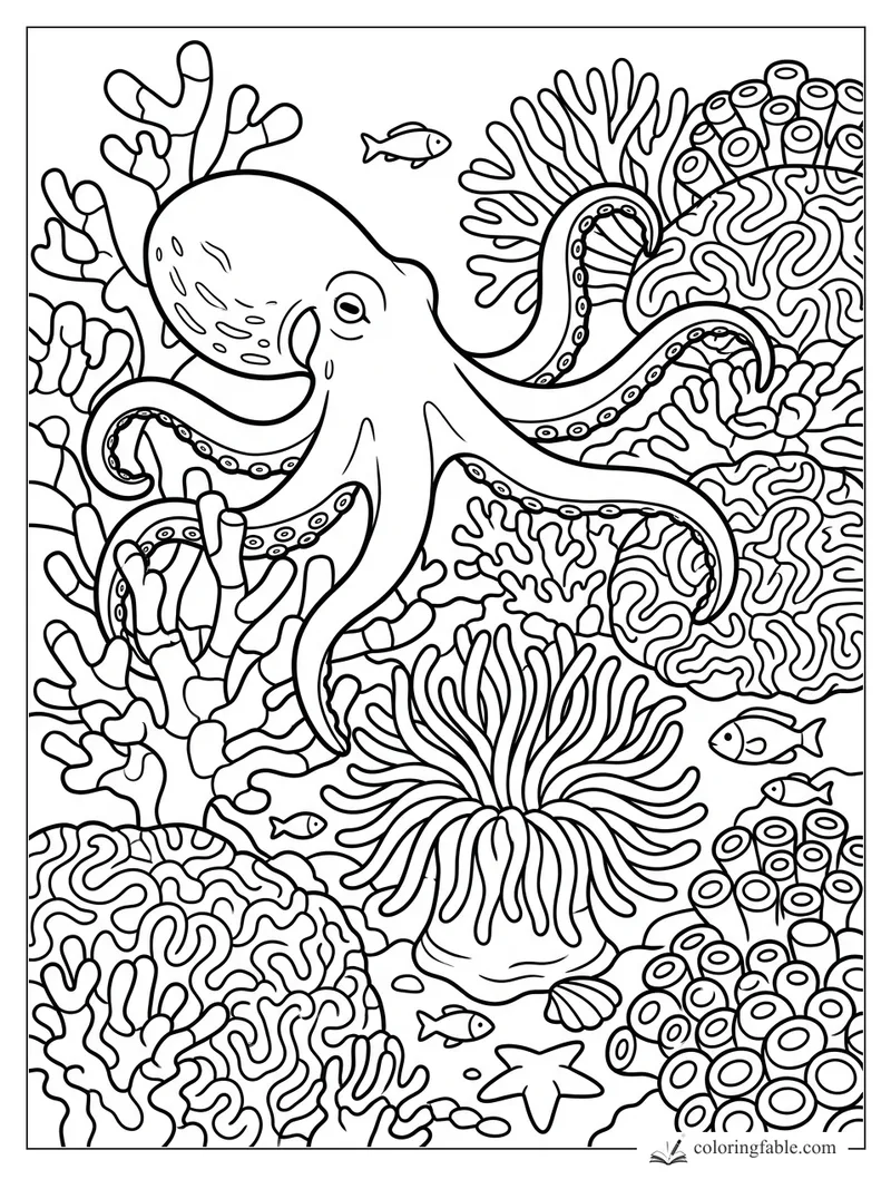 Octopus curling its tentacles among coral, sea anemones, small fish, a shell, and a starfish