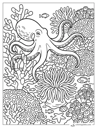 Octopus curling its tentacles among coral, sea anemones, small fish, a shell, and a starfish