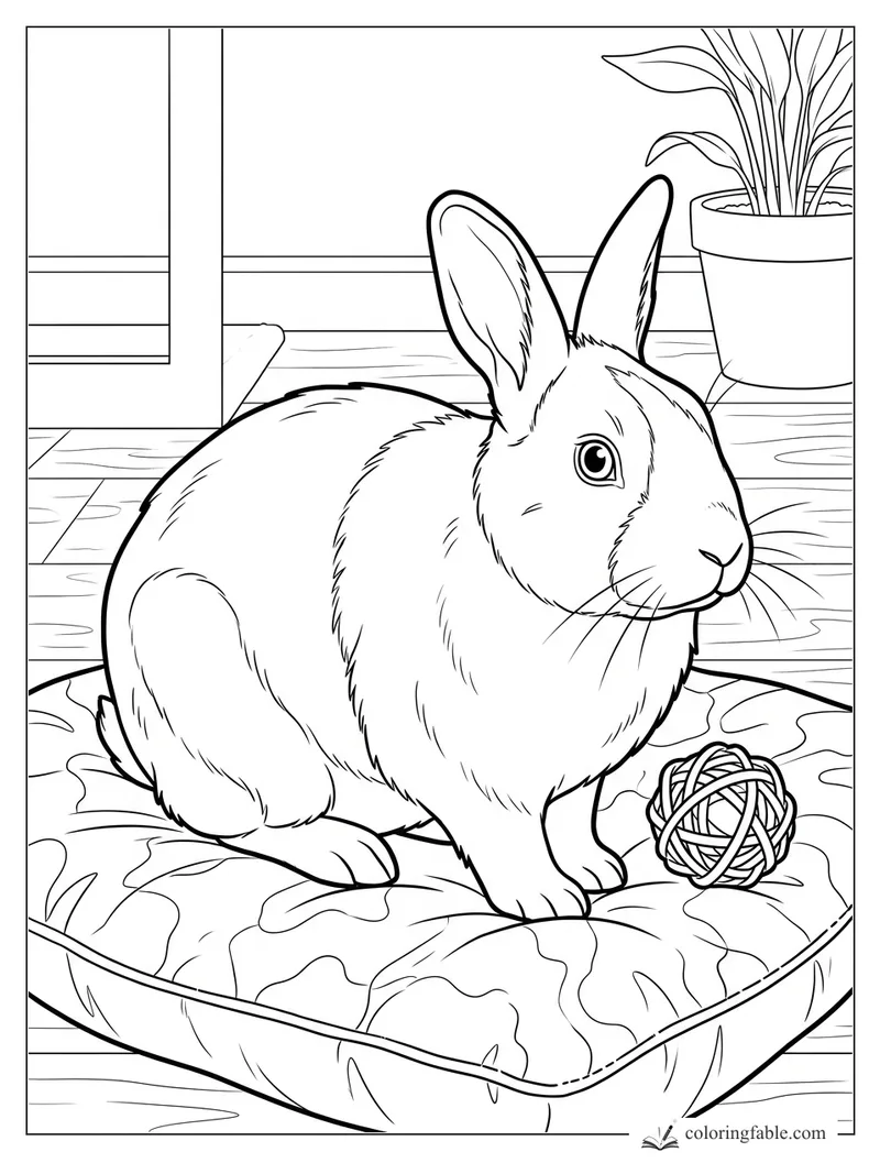 Realistic rabbit sitting on a patterned cushion beside a yarn ball, window, wood floor, and potted plant