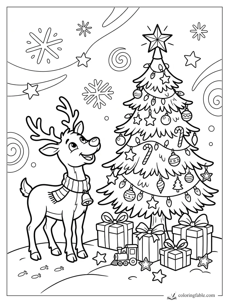Cartoon reindeer in a scarf beside a decorated Christmas tree with gifts, stars, snowflakes, and swirls.