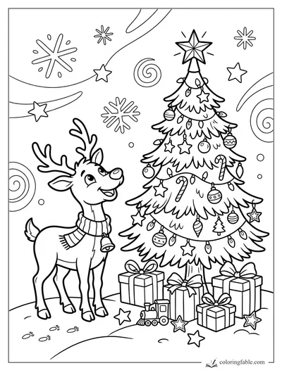 Cartoon reindeer in a scarf beside a decorated Christmas tree with gifts, stars, snowflakes, and swirls.
