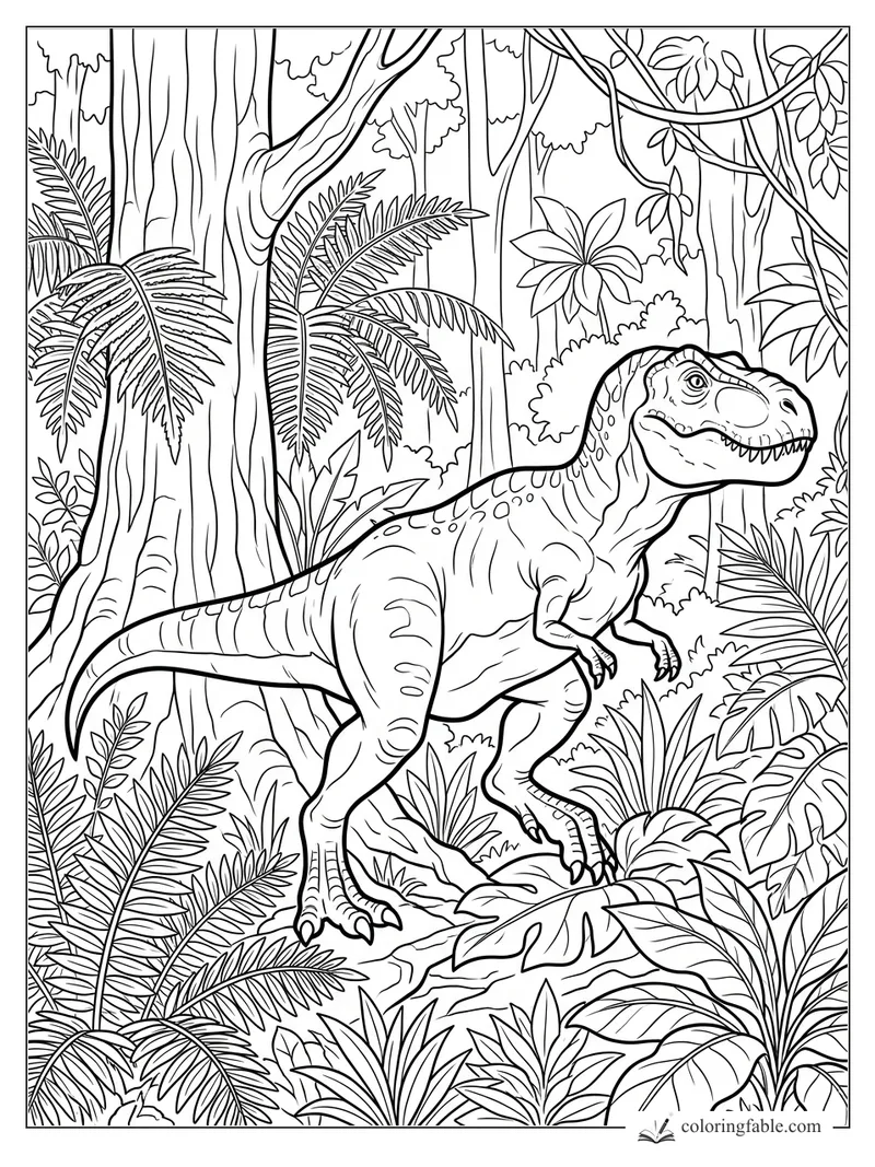 T. rex stepping through a dense jungle of ferns, vines, broad leaves, and tall tree trunks.