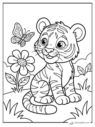 Cartoon tiger cub sitting by a big flower and butterfly in the grass