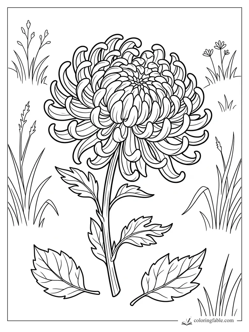 Chrysanthemum coloring page with curled petals, serrated leaves, and meadow grasses