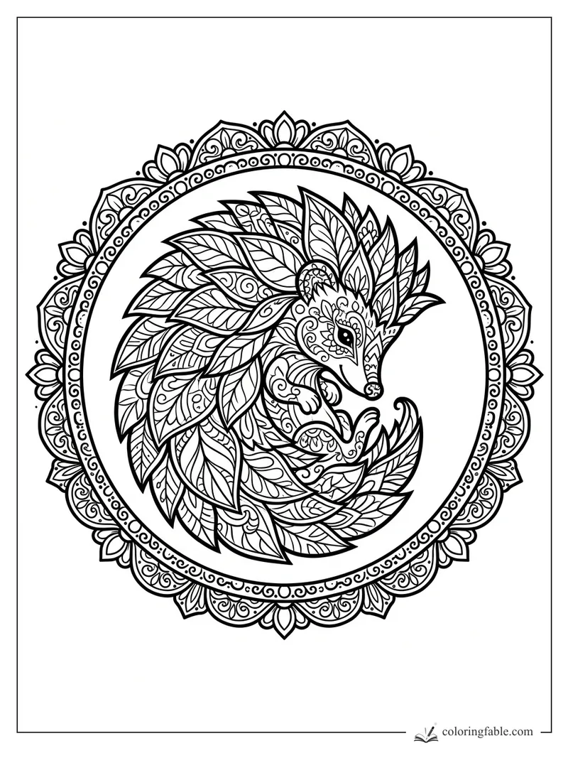 Intricate mandala hedgehog curled inside a floral circle, with leafy quills, swirls, dots, and petal border.