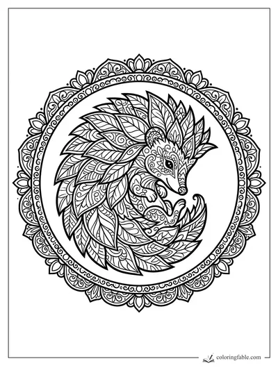 Intricate mandala hedgehog curled inside a floral circle, with leafy quills, swirls, dots, and petal border.
