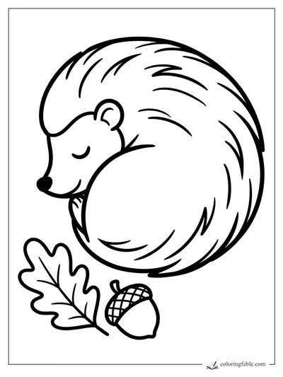 Easy coloring page of a curled-up hedgehog beside an oak leaf and acorn
