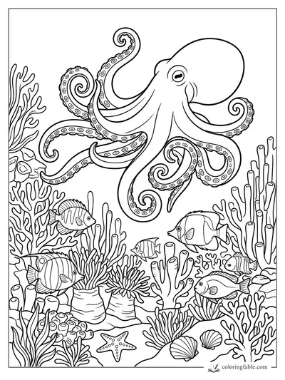Octopus with curled tentacles swimming over coral, tube sponges, fish, shells, and a starfish.