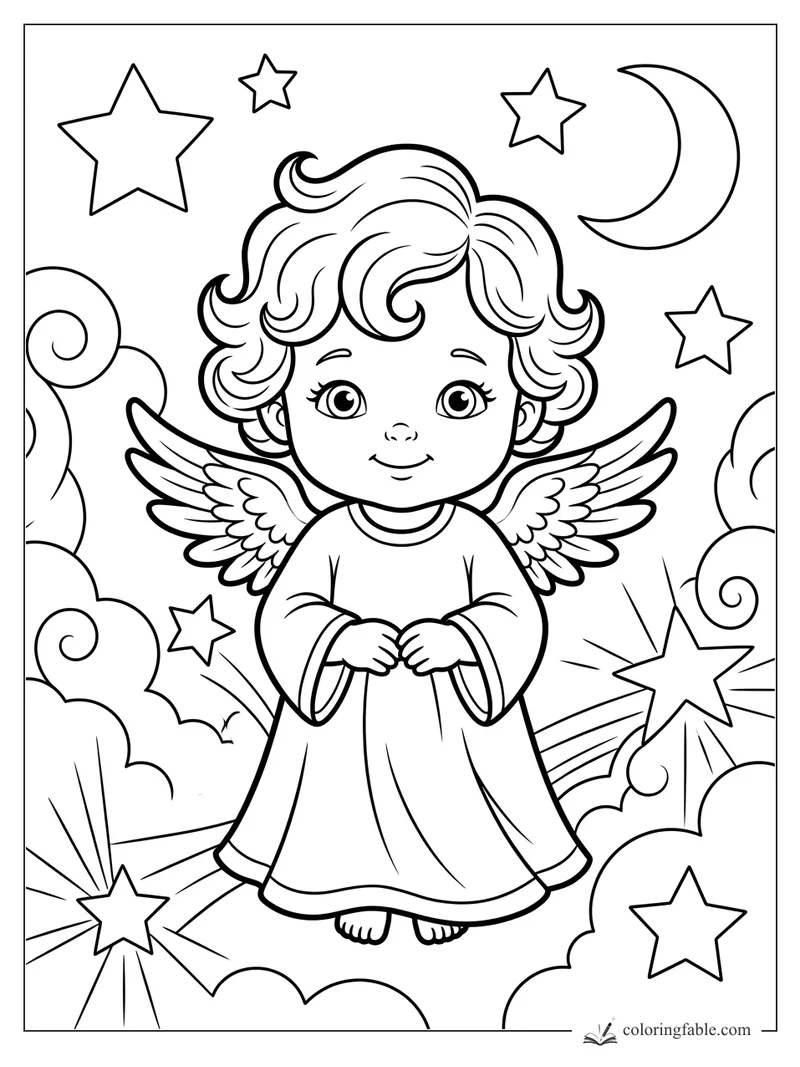 Baby angel coloring page with curly hair, feather wings, crescent moon, clouds, and stars.