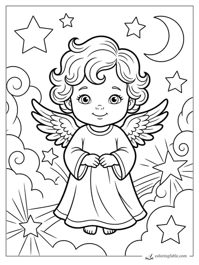 Baby angel coloring page with curly hair, feather wings, crescent moon, clouds, and stars.